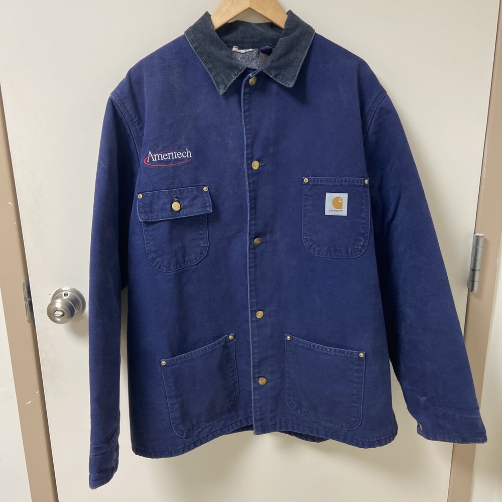 Vintage‎ 90s Carhartt Ameritech Jacket Blue Blanket Lined Barn Chore Coat VTG